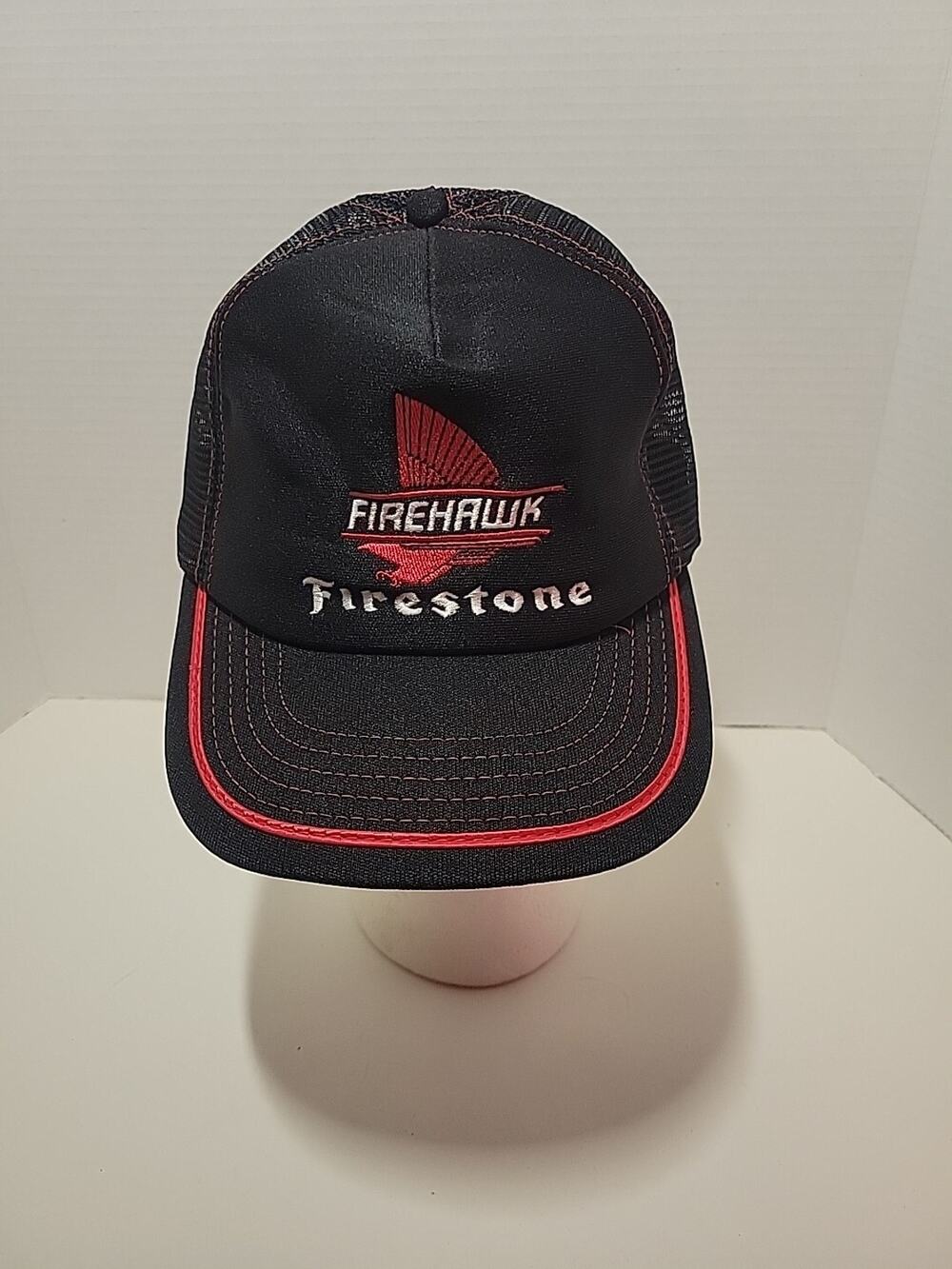Vintage RARE Black Red Firestone Firehawk Trucker Snapback Hat USA Foam Logo NEW